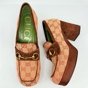 GUCCI  Brown Suede Canvas Houdan 60 GG Logo horsebit Platform Loafers EU 37.5